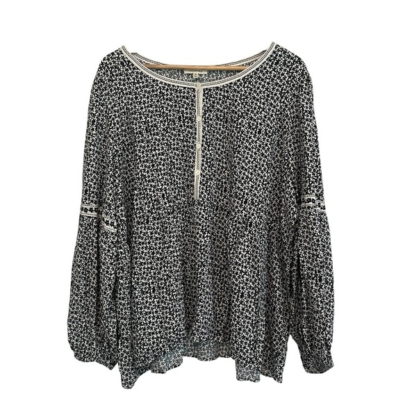 Women's 2X Black & White Peasant PLUS Babydoll Soft Relaxed Cottage Core Blouse - Picture 1 of 5